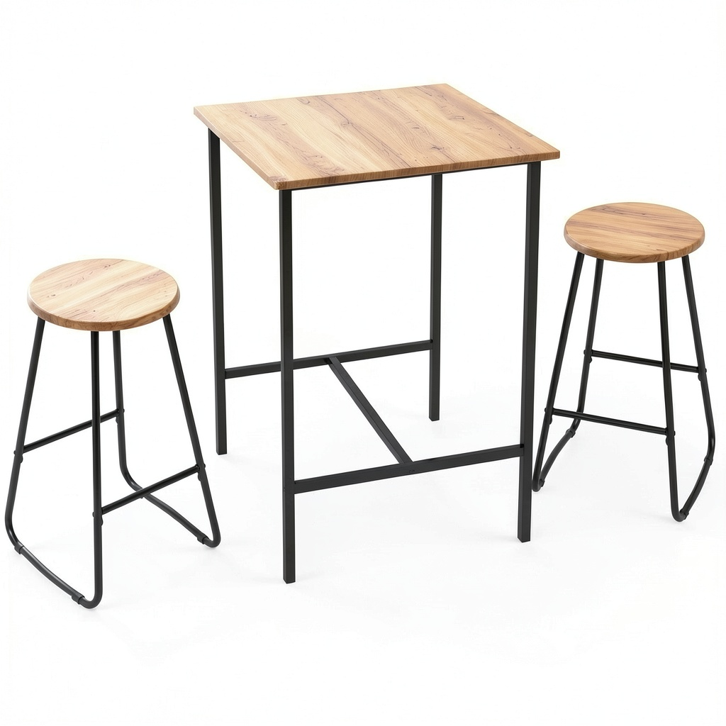 Set Bar Moderno: Tavolo Alto Quadrato con 2 Sgabelli in Legno e Metallo, Stile Industriale, per Casa e Locale, 60x60x100 cm
