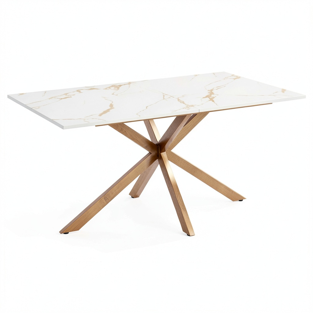 Tavolo da Pranzo ALIX 8 Posti con Gambe in Ottone e Piano Effetto Marmo Bianco 160 cm