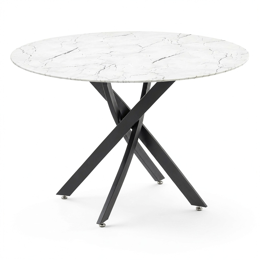 Tavolo Keita Rotondo in Vetro Marmo Bianco con Gambe in Acciaio Nero Ø 110 cm