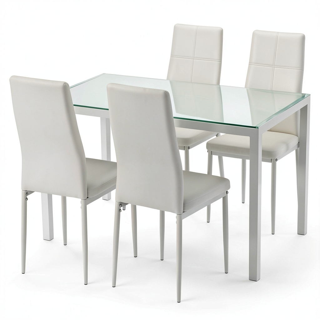 Set da Pranzo 5 Pezzi con Tavolo in Vetro e Sedie in Finta Pelle, Bianco