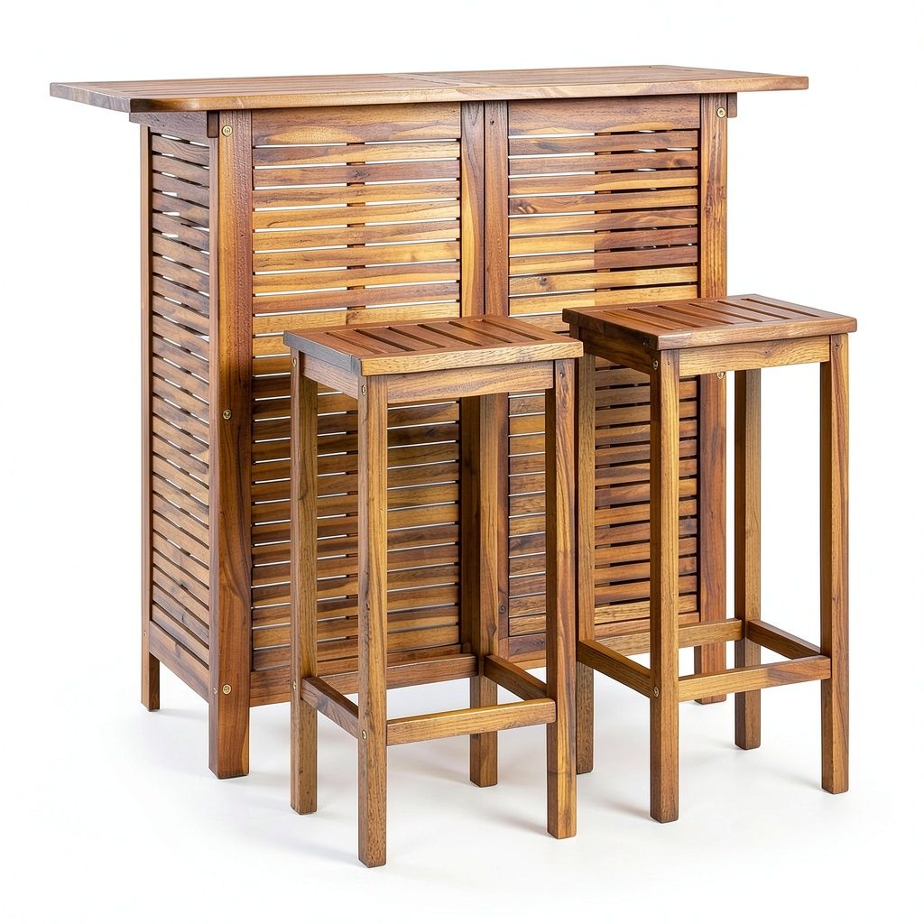 Set Bar in Legno Massello di Acacia con Tavolo e Sgabelli, Arredamento Moderno da Soggiorno