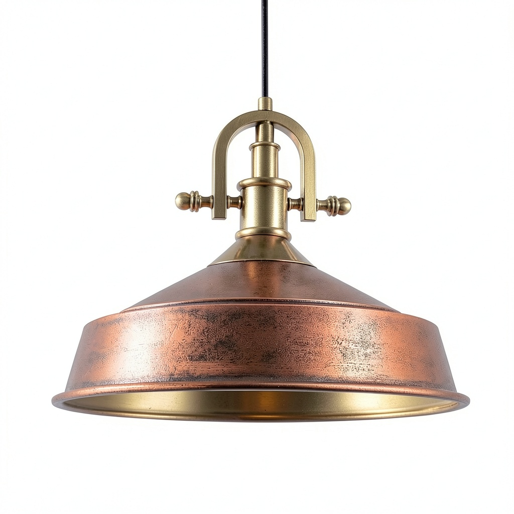 Lampada a Sospensione Industriale in Legno e Rame E27, Paralume 41 cm, per Cucina e Sala da Pranzo
