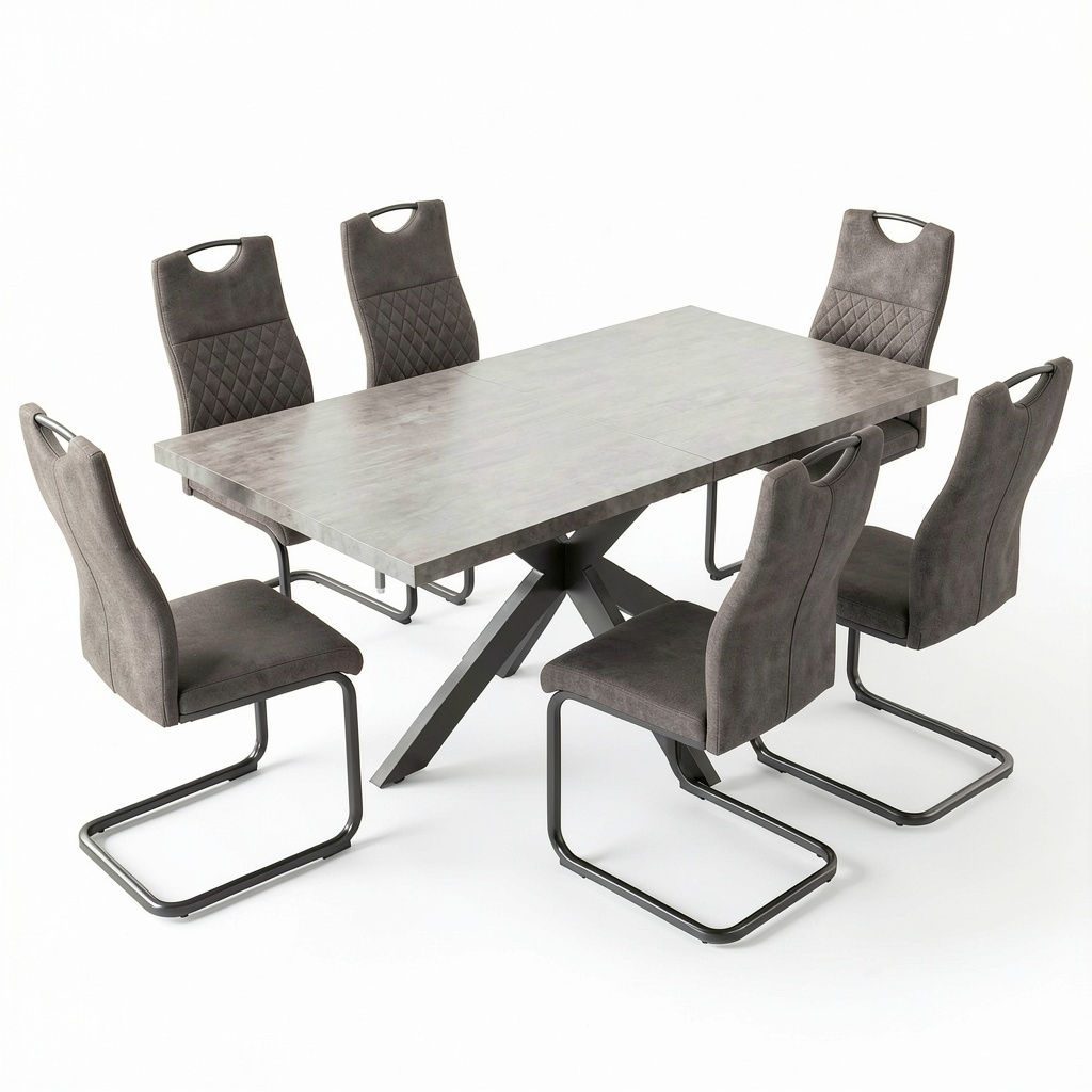 Set da pranzo moderno in MDF e tessuto, 6 sedie e tavolo rettangolare estensibile 130x170 cm