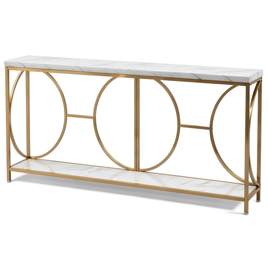 Consolle Ingresso Oro e Bianco 180x30x80cm, Tavolo a 2 Ripiani Effetto Marmo, Design Moderno in Legno e Metallo