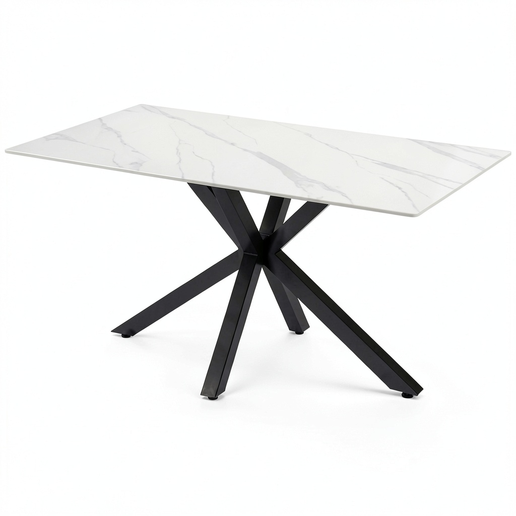 Tavolo da Pranzo Igor Effetto Marmo Bianco con Gambe a Croce in Metallo Nero, 160x90 cm