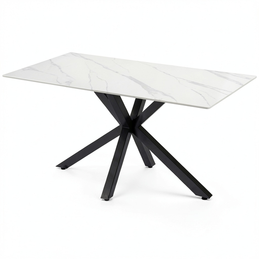 Tavolo da Pranzo Igor Effetto Marmo Bianco con Gambe a Croce in Metallo Nero, 160x90 cm