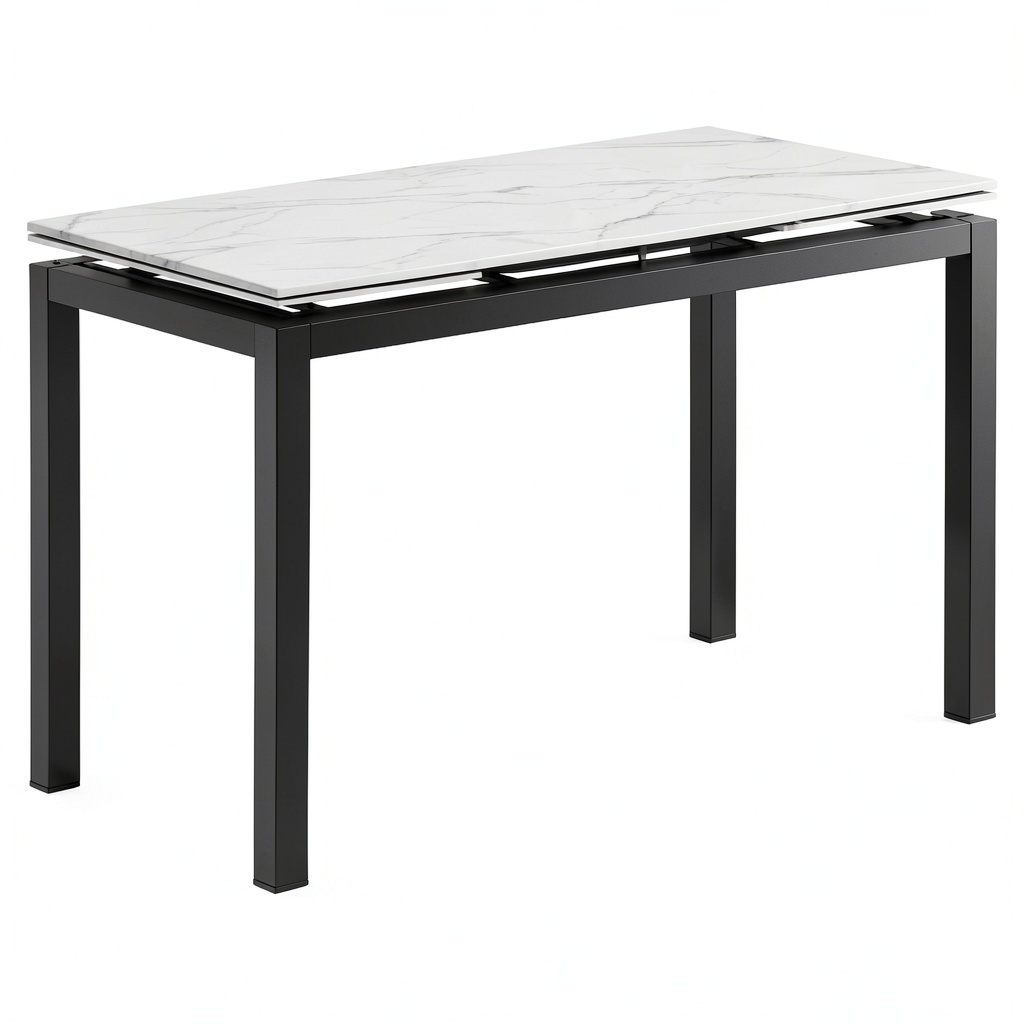 Tavolo da Pranzo Estensibile in Ceramica Bianco Statuario con Base in Metallo Nero, 110x70x77 cm Estendibile a 170 cm