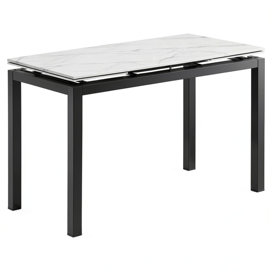 Tavolo da Pranzo Estensibile in Ceramica Bianco Statuario con Base in Metallo Nero, 110x70x77 cm Estendibile a 170 cm