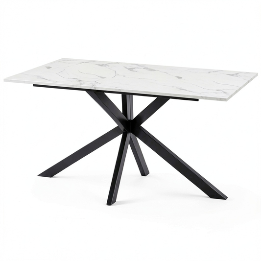 Tavolo da Pranzo per 8 Persone ALASKA con Superficie Effetto Marmo e Gambe in Metallo 160 cm