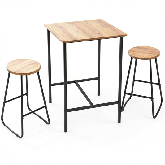 Set Bar Moderno: Tavolo Alto Quadrato con 2 Sgabelli in Legno e Metallo, Stile Industriale, per Casa e Locale, 60x60x100 cm