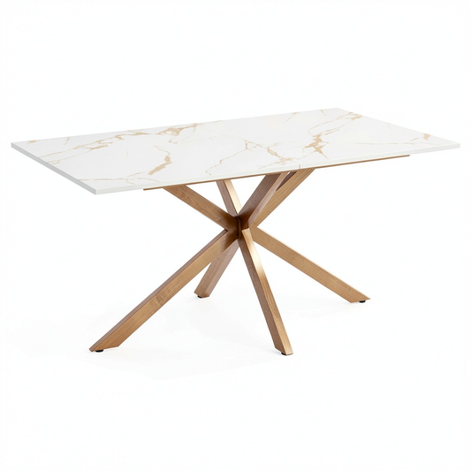 Tavolo da Pranzo ALIX 8 Posti con Gambe in Ottone e Piano Effetto Marmo Bianco 160 cm