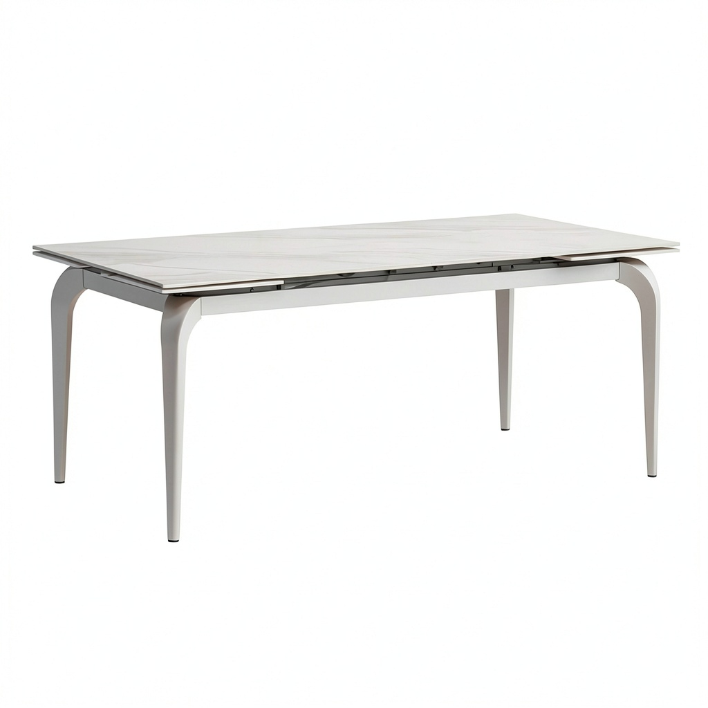 Tavolo da Pranzo Allungabile in Ceramica Marmo Bianco con Base in Metallo