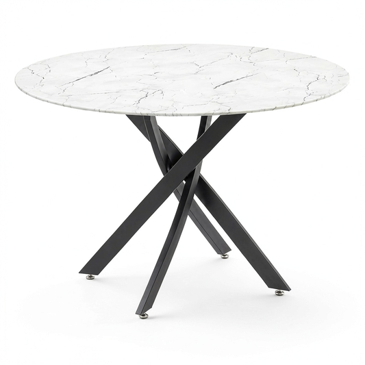 Tavolo Keita Rotondo in Vetro Marmo Bianco con Gambe in Acciaio Nero Ø 110 cm