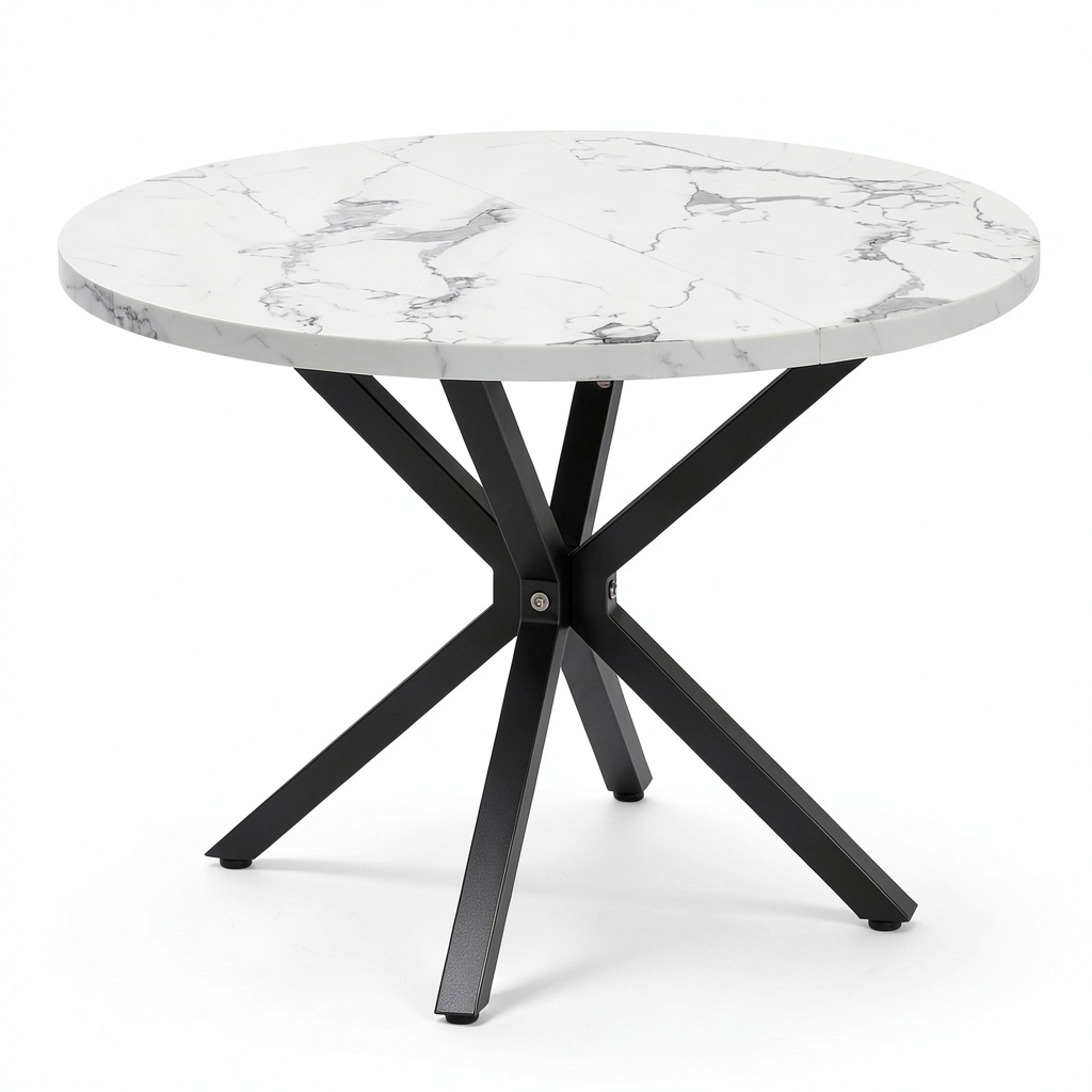 Tavolo Rotondo Moderno Effetto Marmo con Gambe in Metallo, Bianco per Sala da Pranzo