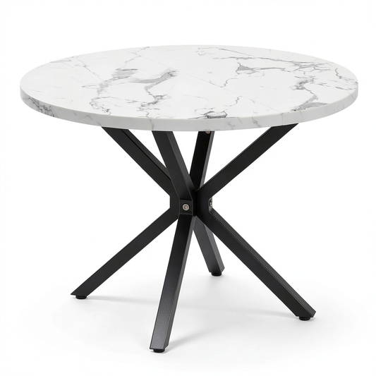 Tavolo Rotondo Moderno Effetto Marmo con Gambe in Metallo, Bianco per Sala da Pranzo