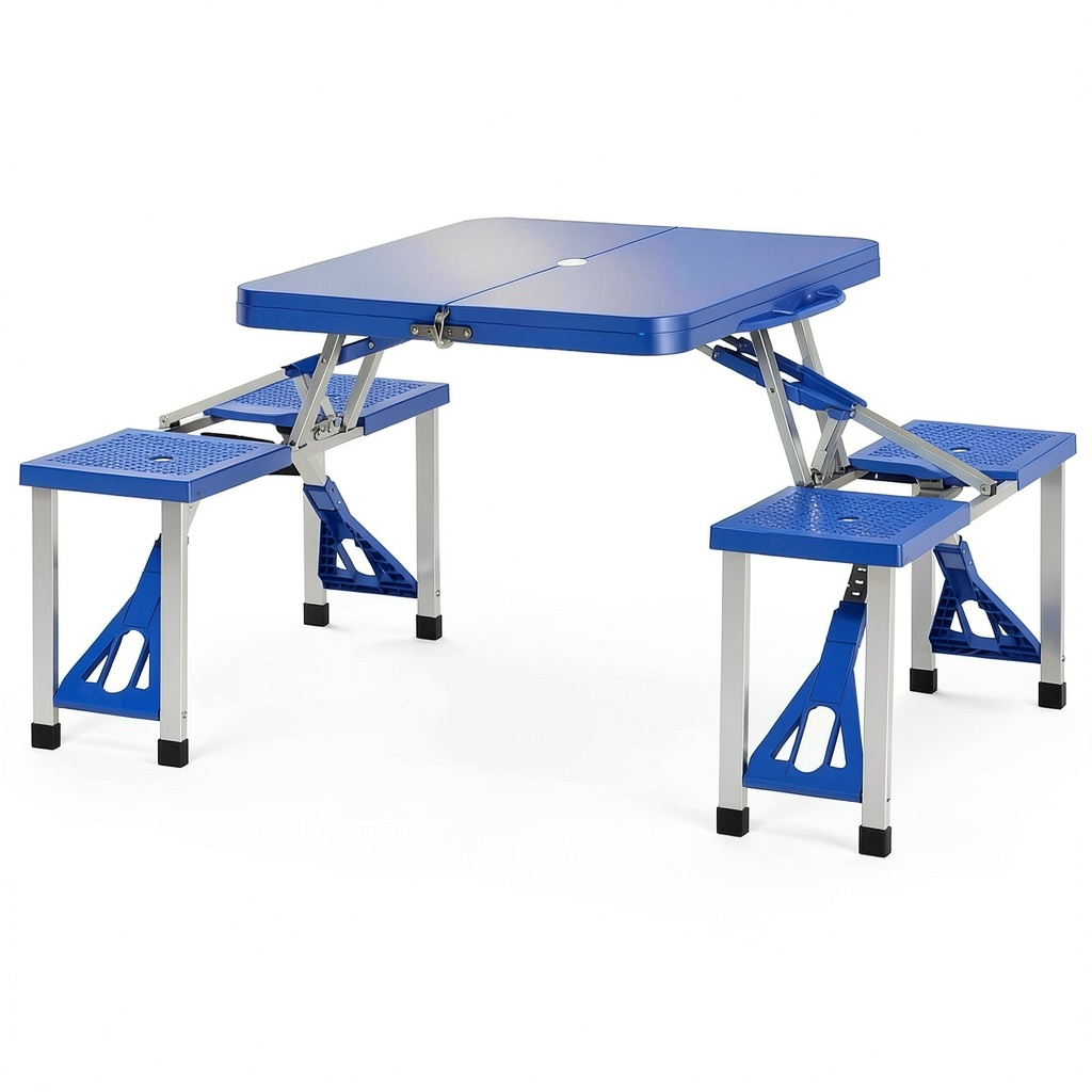 Set di sedie pieghevoli da campeggio in alluminio e legno, 4 pezzi, blu e argento