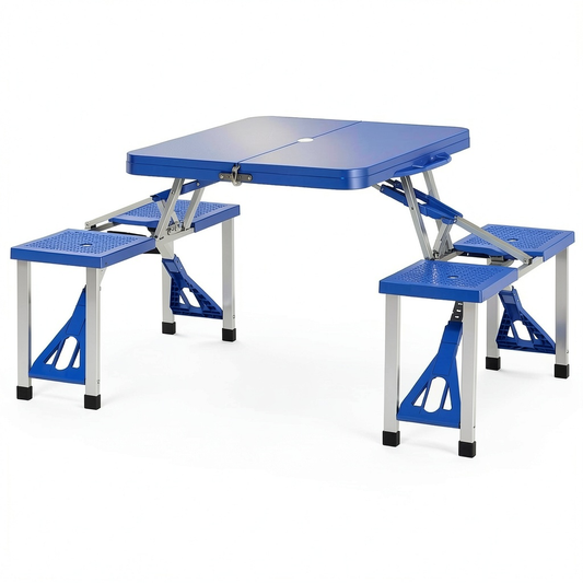 Set di sedie pieghevoli da campeggio in alluminio e legno, 4 pezzi, blu e argento