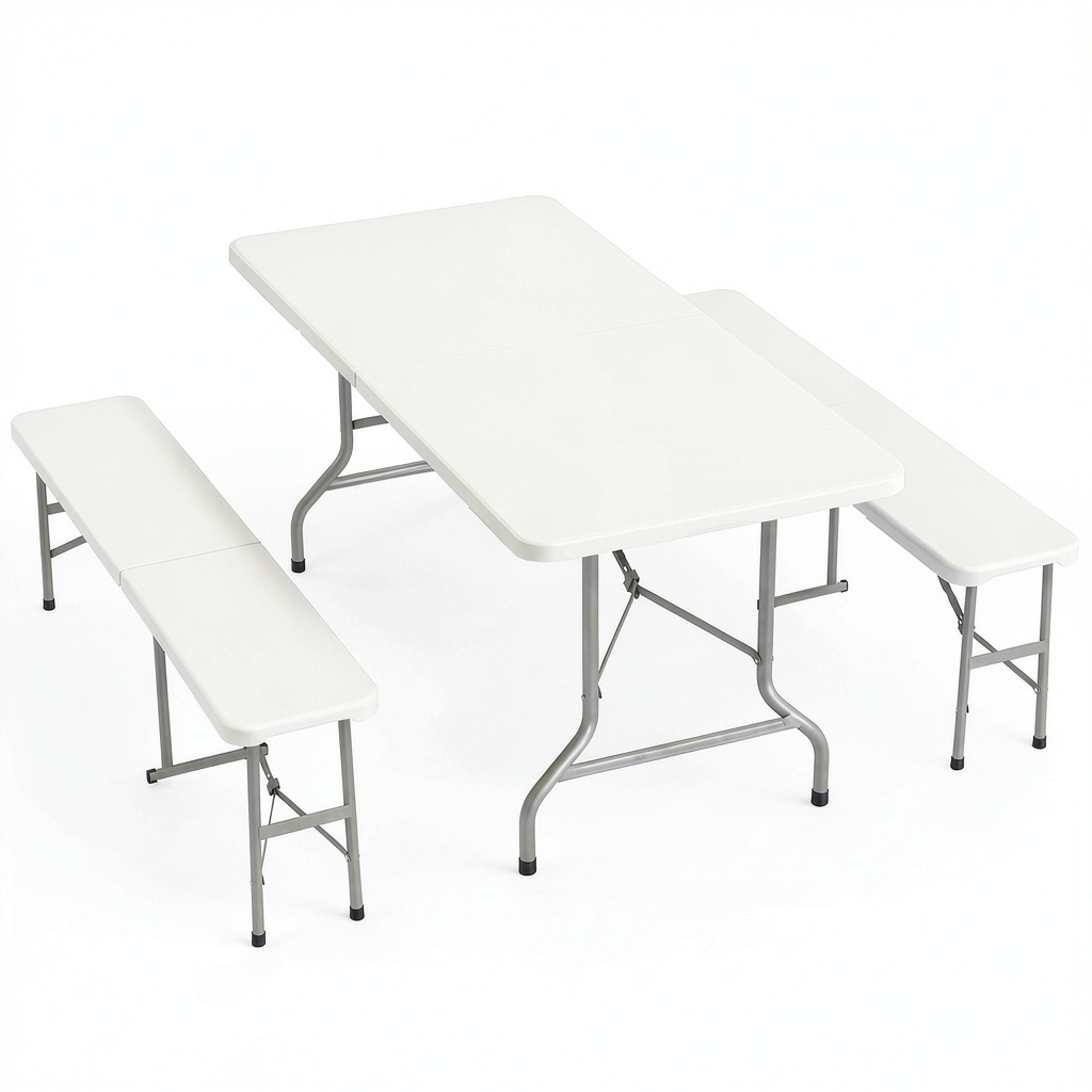 Set Tavolo Campeggio Pieghevole con Sedie per Esterno, Ideale per Spiaggia e Giardino, Colore Bianco