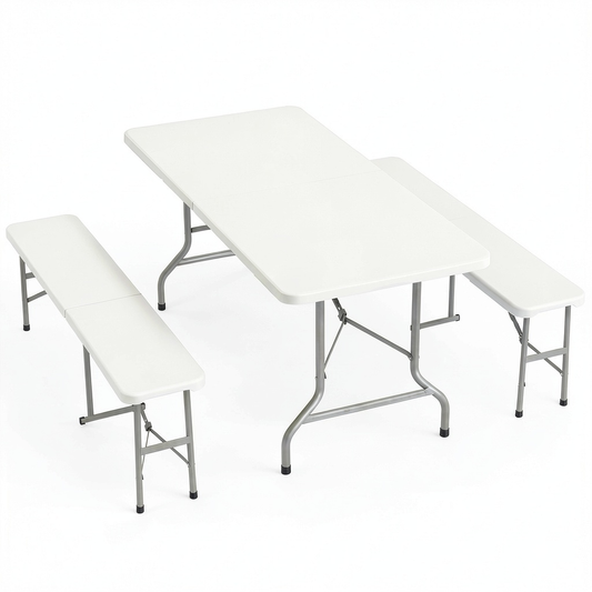 Set Tavolo Campeggio Pieghevole con Sedie per Esterno, Ideale per Spiaggia e Giardino, Colore Bianco