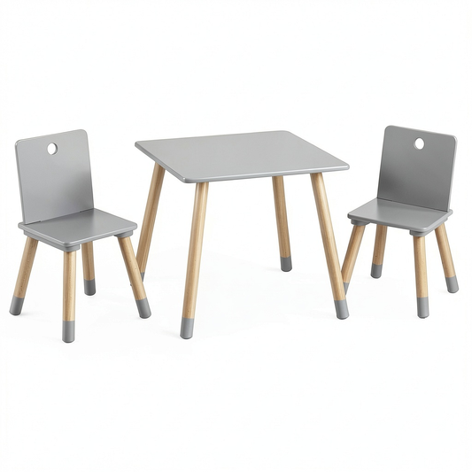 Set Tavolo e Sedie per Bambini Regolabile in Altezza, Stile Scandinavo, Legno Massiccio Naturale e Grigio