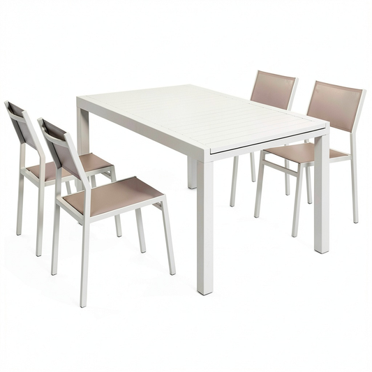 Set da Giardino: Tavolo Allungabile con 4 Sedie in Alluminio Bianco e Textilene