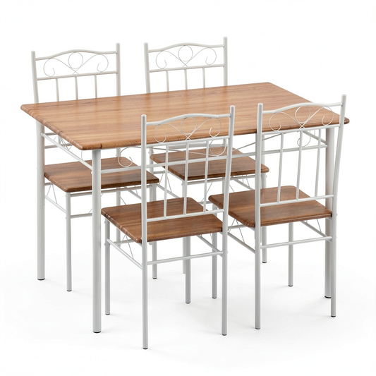 Set Tavolo da Pranzo Moderno con Sedie, Dettagli in Finitura Faggeto e Gambe Bianche in Metallo