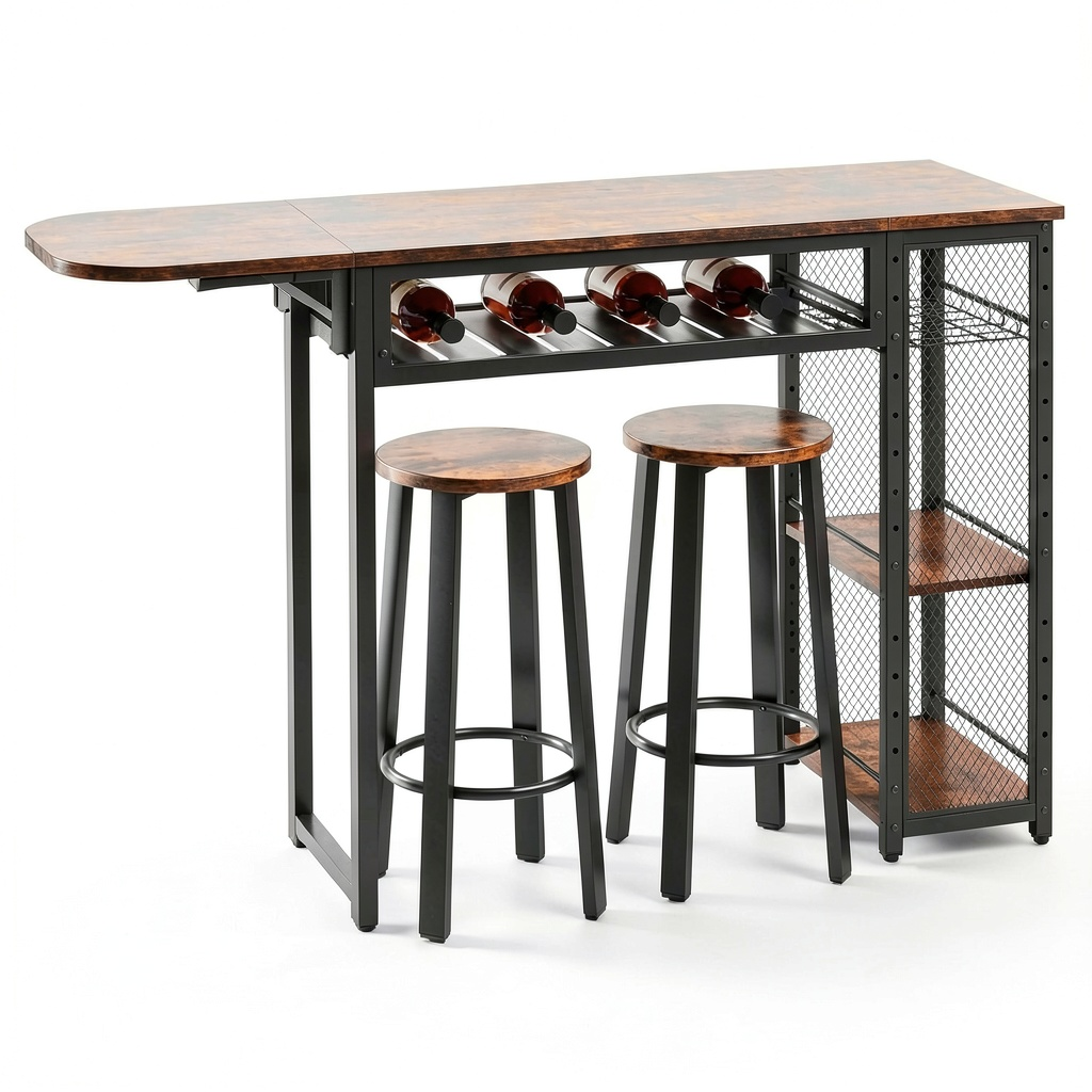 Set tavolo alto con sgabelli, mensole per vini, ripiano aggiuntivo, design industriale, colore marrone