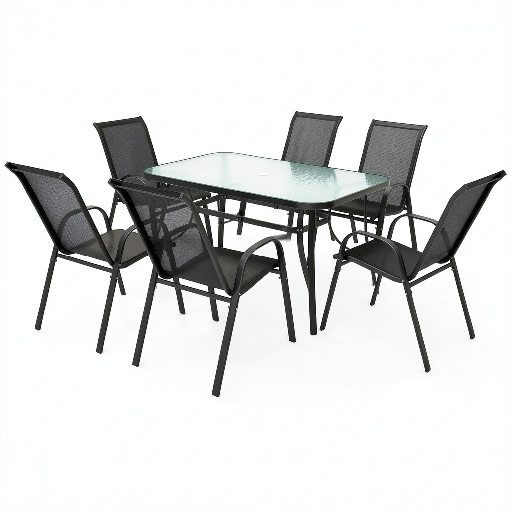 Set da Giardino 7 Pezzi con Tavolo e Sedie in Metallo e Vetro, Foro Ombrellone, Nero