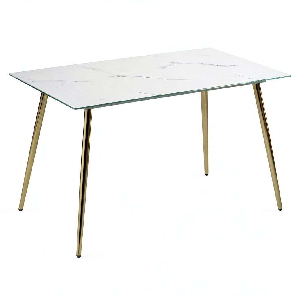 Tavolo da pranzo in vetro temperato effetto marmo, colore bianco e oro, dimensioni 120x70 cm