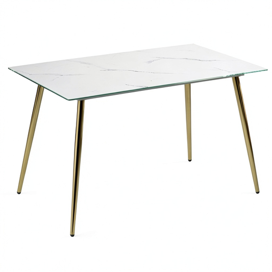 Tavolo da pranzo in vetro temperato effetto marmo, colore bianco e oro, dimensioni 120x70 cm