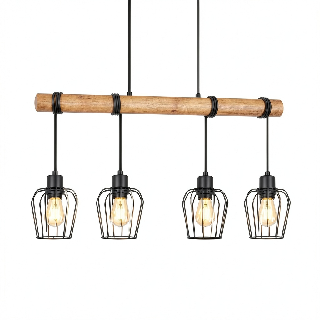Lampadario a sospensione vintage in ferro e legno per sala da pranzo, 4 luci E27