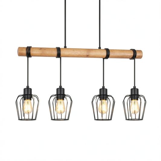 Lampadario a sospensione vintage in ferro e legno per sala da pranzo, 4 luci E27