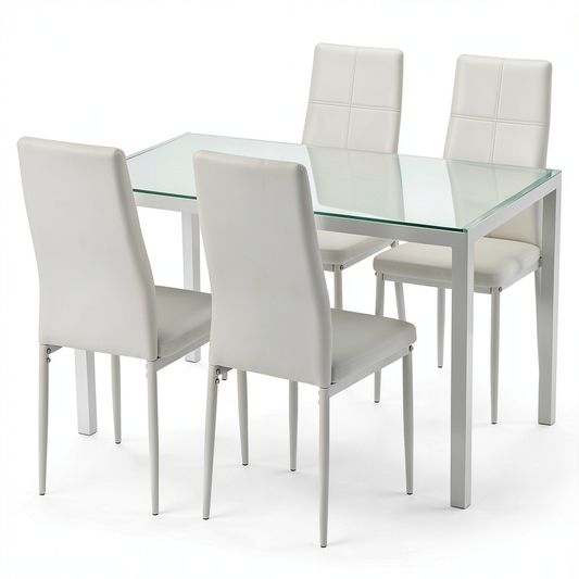 Set da Pranzo 5 Pezzi con Tavolo in Vetro e Sedie in Finta Pelle, Bianco