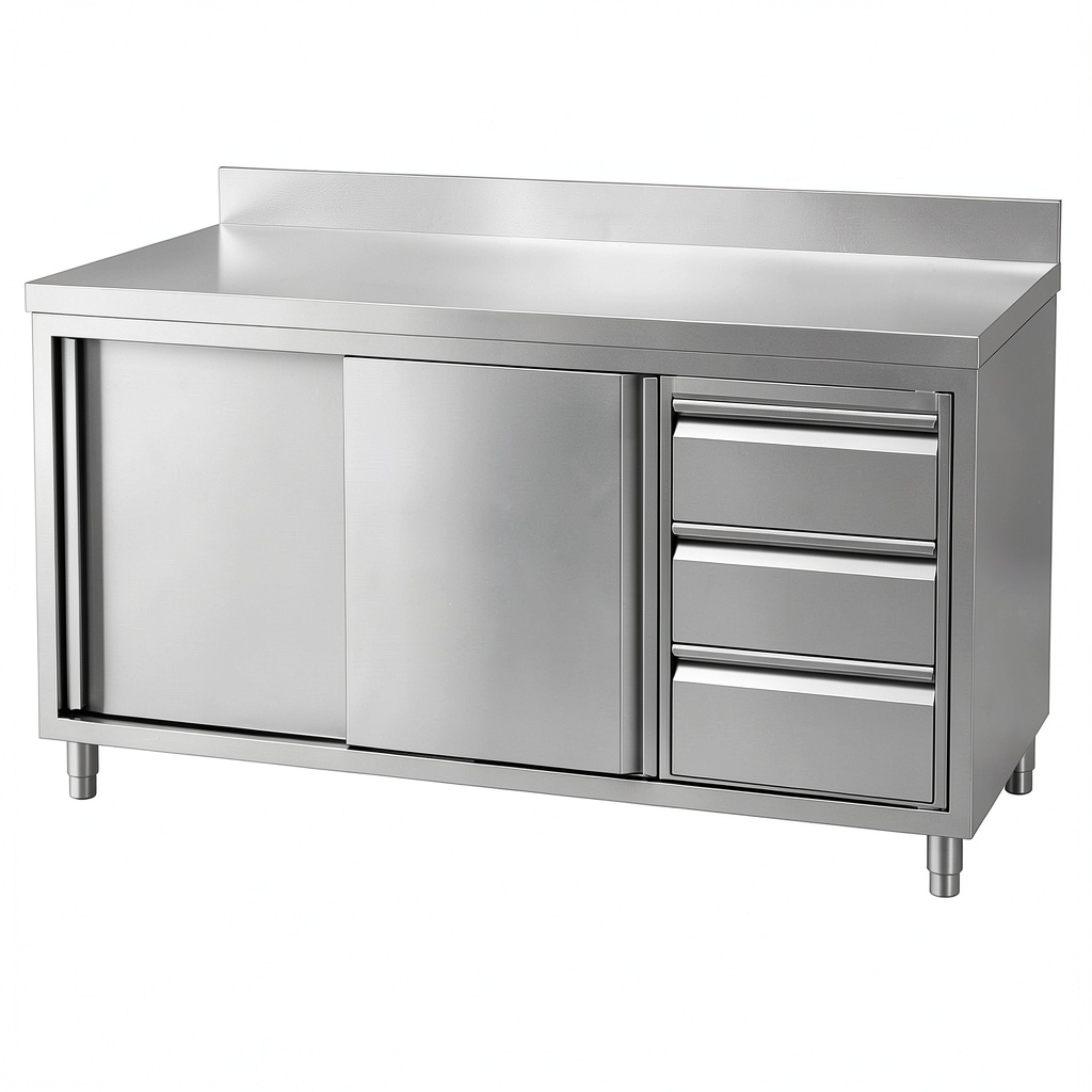 Tavolo Professionale in Acciaio Inox con Ante e Cassetti, 200x70x85 cm