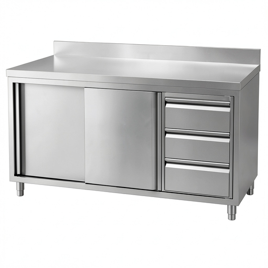 Tavolo Professionale in Acciaio Inox con Ante e Cassetti, 200x70x85 cm