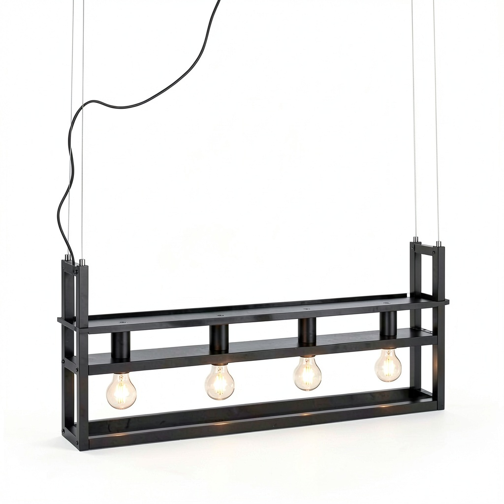 Lampada a sospensione industriale nera a 4 luci per soggiorno e cucina - L 100 cm