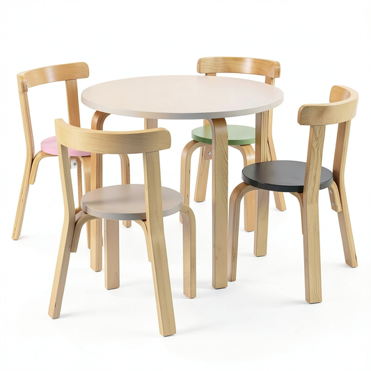 Set da Tavolo Rotondo per Bambini con 4 Sedie Ergonomiche in Legno, Portata 25kg, Perfetto per Gioco, Studio e Pranzo