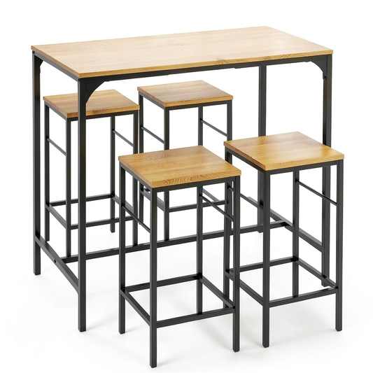 Set da Bar Industriale con Tavolo Alto e 4 Sgabelli in Metallo e Legno Nero - 100 cm