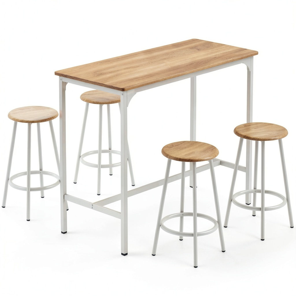 Set Tavolo Alto con 4 Sgabelli, Ideale per Cucina e Soggiorno, Colore Legno e Bianco