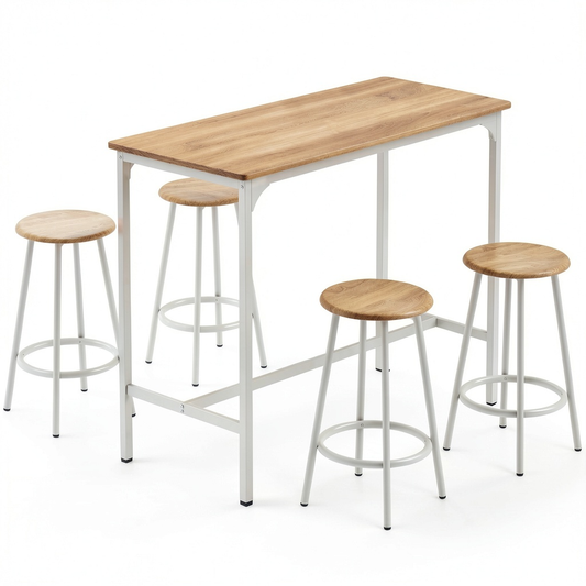 Set Tavolo Alto con 4 Sgabelli, Ideale per Cucina e Soggiorno, Colore Legno e Bianco