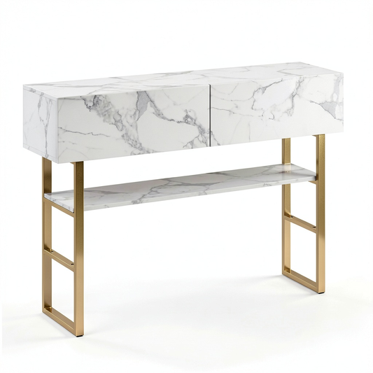 Consolle da Ingresso con Cassetti e Ripiano in Metallo - Effetto Marmo Bianco