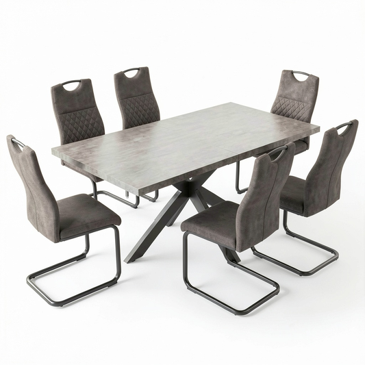 Set da pranzo moderno in MDF e tessuto, 6 sedie e tavolo rettangolare estensibile 130x170 cm