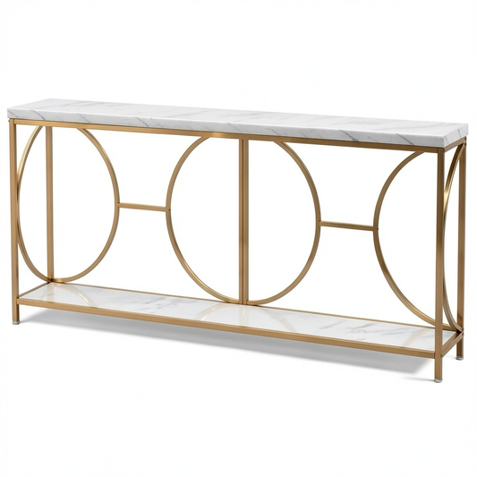 Consolle Ingresso Oro e Bianco 180x30x80cm, Tavolo a 2 Ripiani Effetto Marmo, Design Moderno in Legno e Metallo